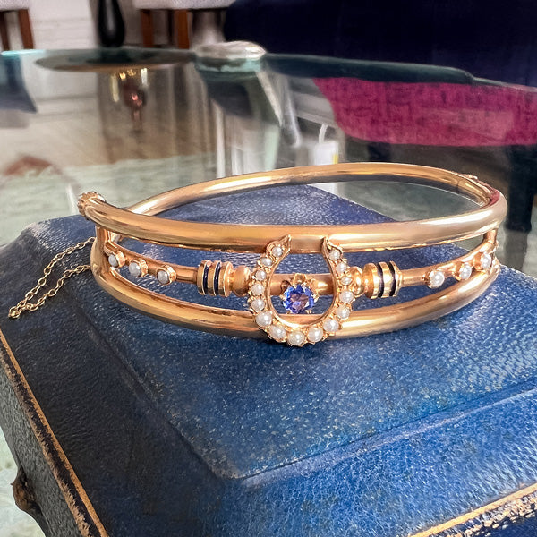 Victorian Sapphire & Pearl Horseshoe Bracelet sold by Doyle and Doyle an antique and vintage jewelry boutique