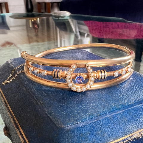 Victorian Sapphire & Pearl Horseshoe Bracelet sold by Doyle and Doyle an antique and vintage jewelry boutique