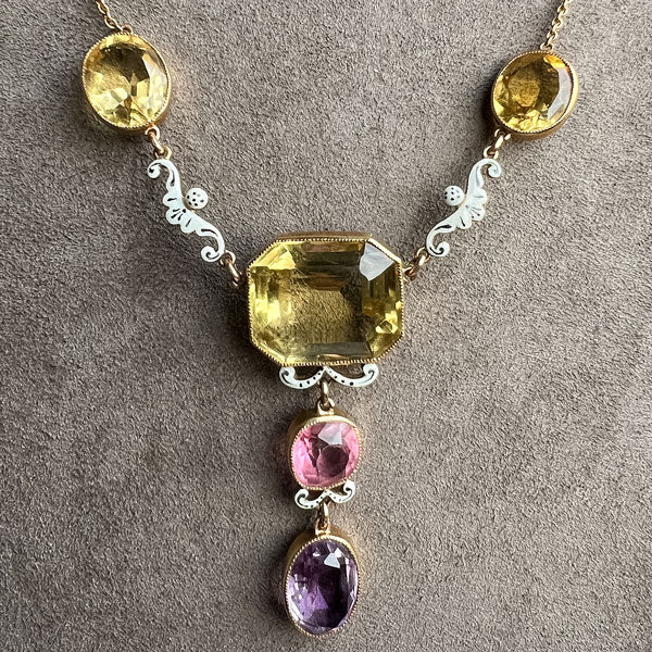 Victorian Citrine, Tourmaline, Amethyst & Enamel Necklace sold by Doyle and Doyle an antique and vintage jewelry boutique