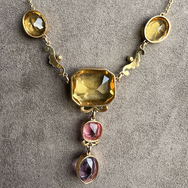 Victorian Citrine, Tourmaline, Amethyst & Enamel Necklace sold by Doyle and Doyle an antique and vintage jewelry boutique