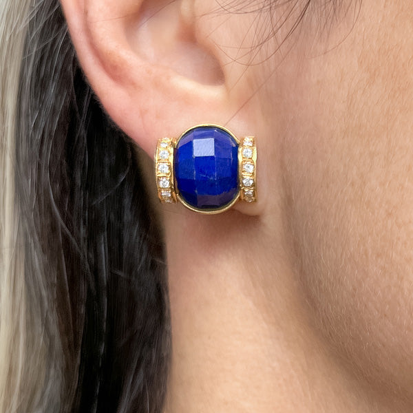 Vintage Lapis & Diamond Clip Earrings sold by Doyle and Doyle an antique and vintage jewelry boutique
