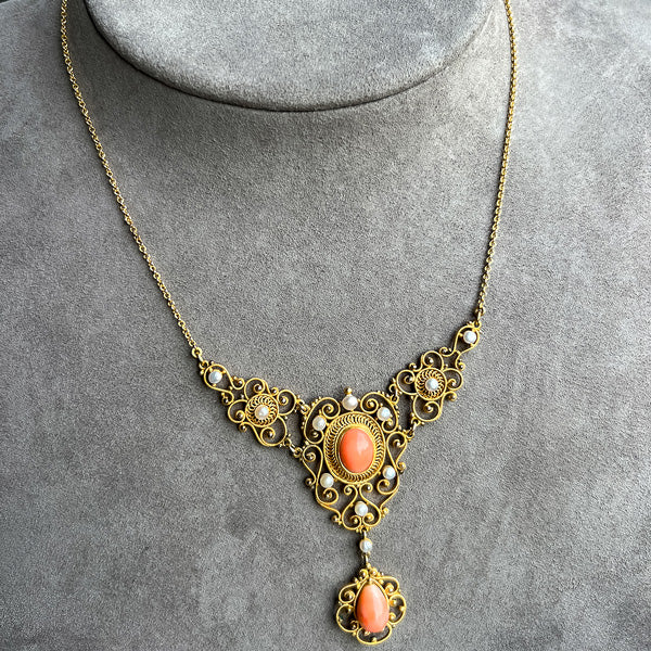 Antique Coral Filigree  Necklace sold by Doyle and Doyle an antique and vintage jewelry boutique