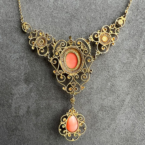 Antique Coral Filigree Necklace sold by Doyle and Doyle an antique and vintage jewelry boutique