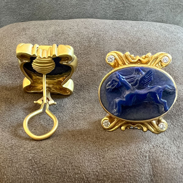 Vintage Lapis Cameo Clip Earrings sold by Doyle and Doyle an antique and vintage jewelry boutique