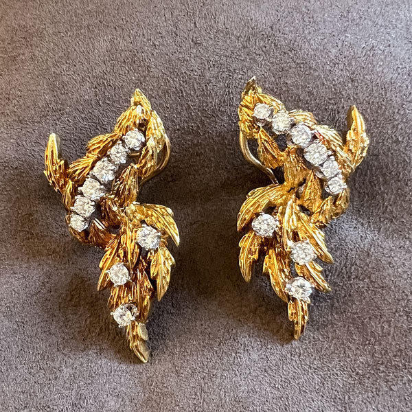 Vintage Textured Gold Diamond Drop Earrings sold by Doyle and Doyle an antique and vintage jewelry boutique