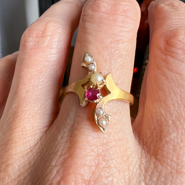 Art Nouveau Ruby, Diamond & Pearl Ring sold by Doyle and Doyle an antique and vintage jewelry boutique