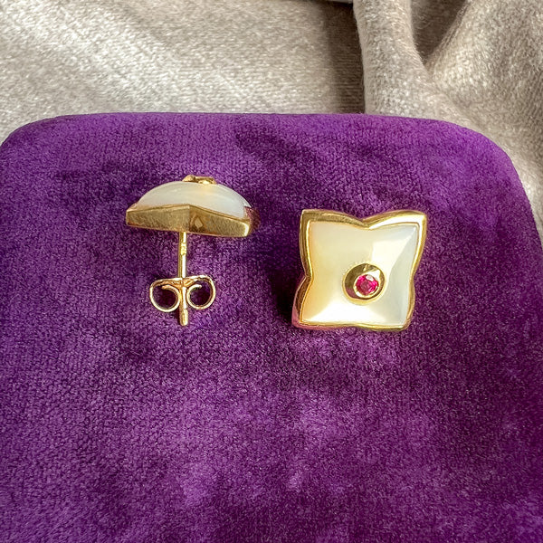 Vintage Ruby & Mother of Pearl Earrings, sold by Doyle & Doyle antique and vintage jewelry boutique