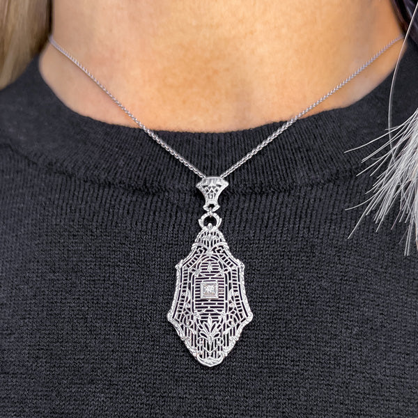 Vintage Filigree Diamond Pendant, sold by Doyle & Doyle antique and vintage jewelry boutique