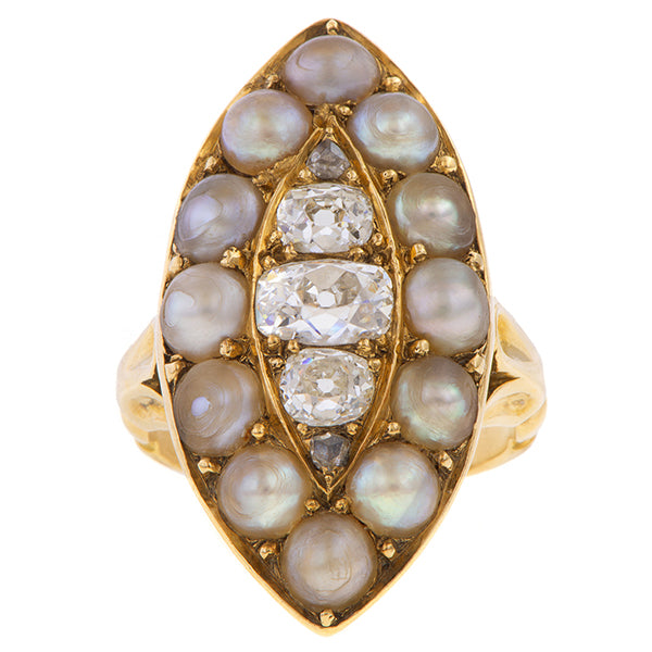 Antique Diamond & Pearl Navette Ring sold by Doyle and Doyle an antique and vintage jewelry boutique