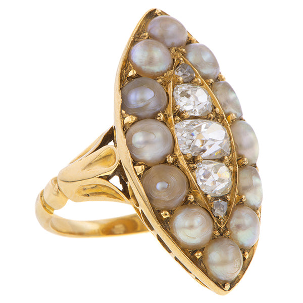 Antique Diamond & Pearl Navette Ring sold by Doyle and Doyle an antique and vintage jewelry boutique