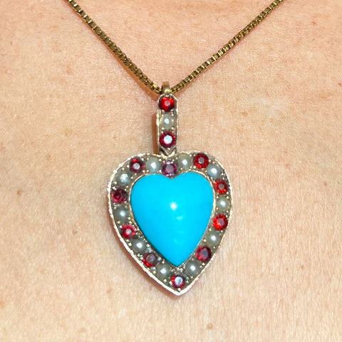 Victorian turquoise, garnet, and pearl heart pendant, from Doyle & Doyle jewelry