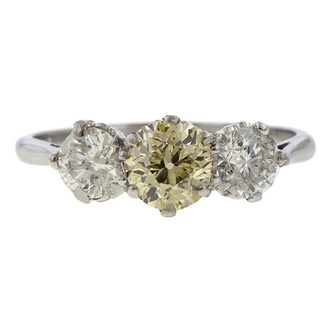 Vintage Three Stone Diamond Engagement Ring. with center Old European Cut light yellow diamond, sold by Doyle & Doyle antique and vintage jewelry boutique