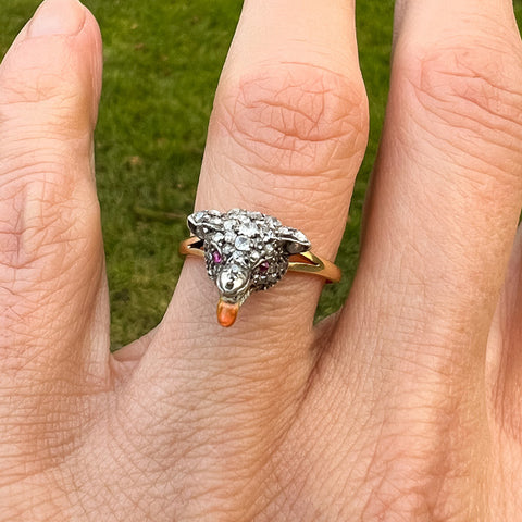 Antique Diamond & Enamel Fox Ring sold by Doyle and Doyle an antique and vintage jewelry boutique