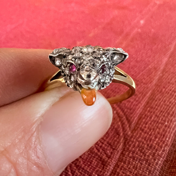 Antique Diamond & Enamel Fox Ring sold by Doyle and Doyle an antique and vintage jewelry boutique