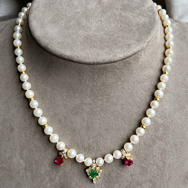 Vintage Pearl Necklace with emerald and ruby drops, sold by Doyle & Doyle antique and vintage jewelry boutique