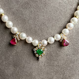 Vintage Pearl Necklace with emerald and ruby drops, sold by Doyle & Doyle antique and vintage jewelry boutique