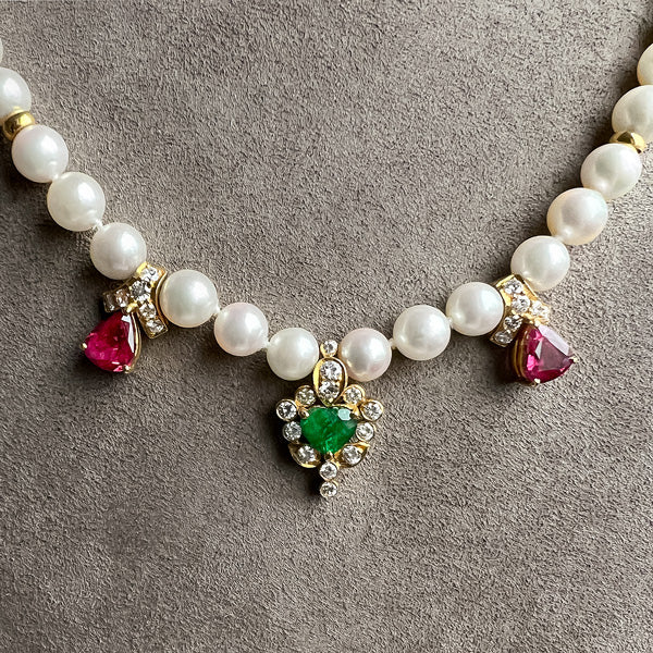 Vintage Pearl Necklace with emerald and ruby drops, sold by Doyle & Doyle antique and vintage jewelry boutique