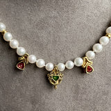 Vintage Pearl Necklace with emerald and ruby drops, sold by Doyle & Doyle antique and vintage jewelry boutique