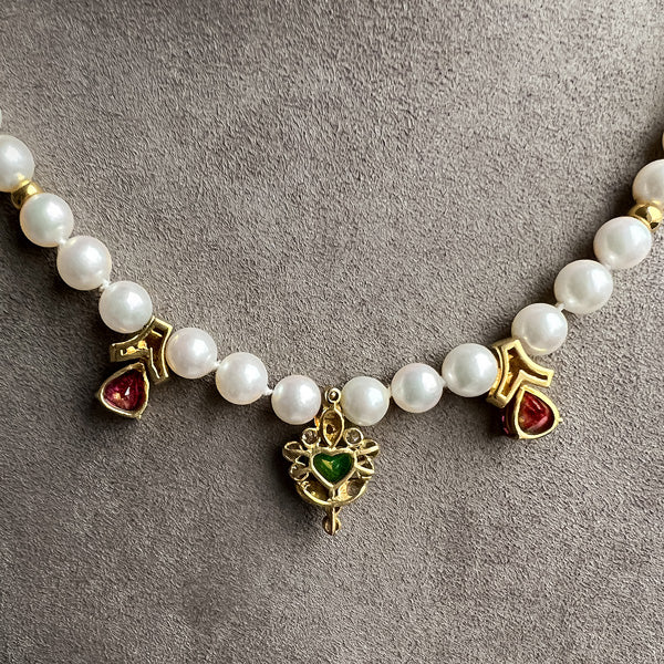 Vintage Pearl Necklace with emerald and ruby drops, sold by Doyle & Doyle antique and vintage jewelry boutique