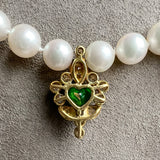 Vintage Pearl Necklace with emerald and ruby drops, sold by Doyle & Doyle antique and vintage jewelry boutique