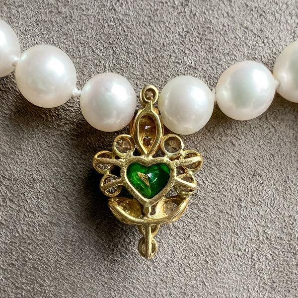 Vintage Pearl Necklace with emerald and ruby drops, sold by Doyle & Doyle antique and vintage jewelry boutique