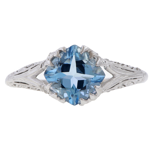 Edwardian Aquamarine Engagement Diamond Ring sold by Doyle and Doyle an antique and vintage jewelry boutique