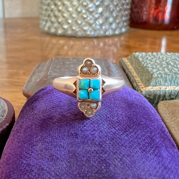 Victorian Turquoise & Pearl Ring sold by Doyle and Doyle an antique and vintage jewelry boutique