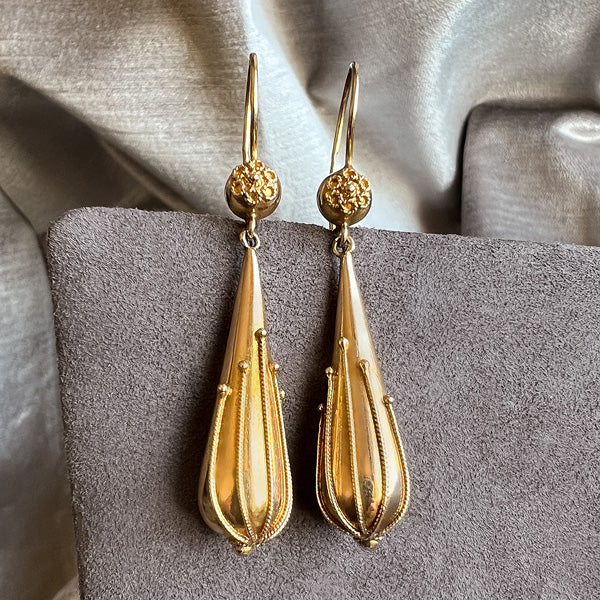 Etruscan Revival Style Drop Earrings sold by Doyle and Doyle an antique and vintage jewelry boutique