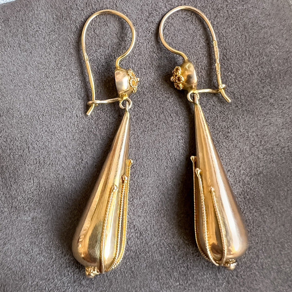 Etruscan Revival Style Drop Earrings sold by Doyle and Doyle an antique and vintage jewelry boutique