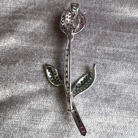 Vintage Ruby, Emerald & Diamond Flower Pin sold by Doyle and Doyle an antique and vintage jewelry boutique