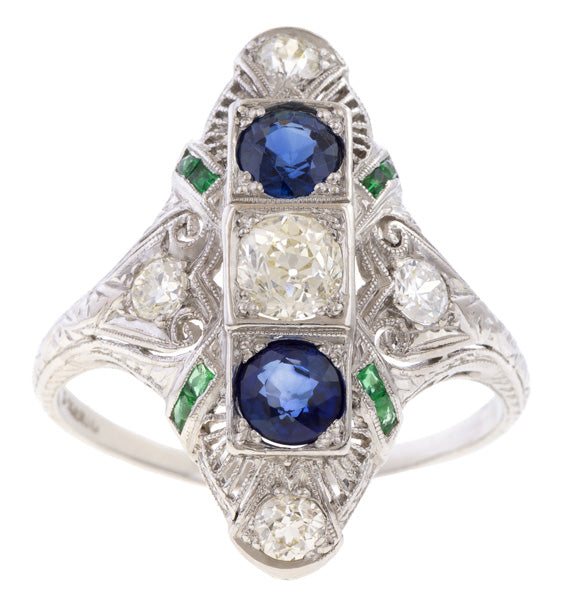 Art Deco Diamond, Sapphire & Emerald Dinner Ring sold by Doyle and Doyle an antique and vintage jewelry boutique