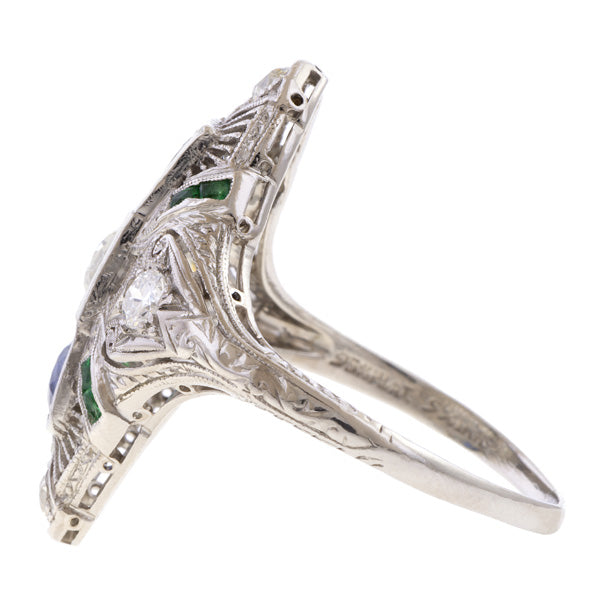 Art Deco Diamond, Sapphire & Emerald Dinner Ring sold by Doyle and Doyle an antique and vintage jewelry boutique
