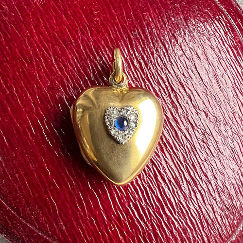Victorian Sapphire & Rose Cut Diamond Heart Locket sold by Doyle and Doyle an antique and vintage jewelry boutique