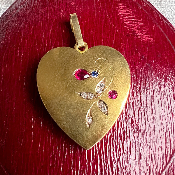 Victorian Sapphire, Ruby & Diamond Gold Heart Locket, from Doyle & Doyle antique and vintage jewelry boutique