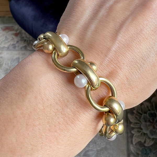 Vintage Pearl Gold Link Bracelet sold by Doyle and Doyle an antique and vintage jewelry boutique