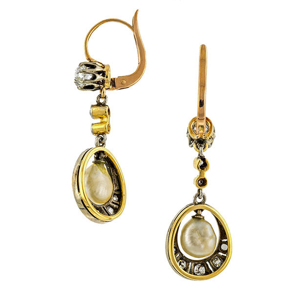 Edwardian Natural Pearl & Diamond Drop Earrings:: Doyle & Doyle