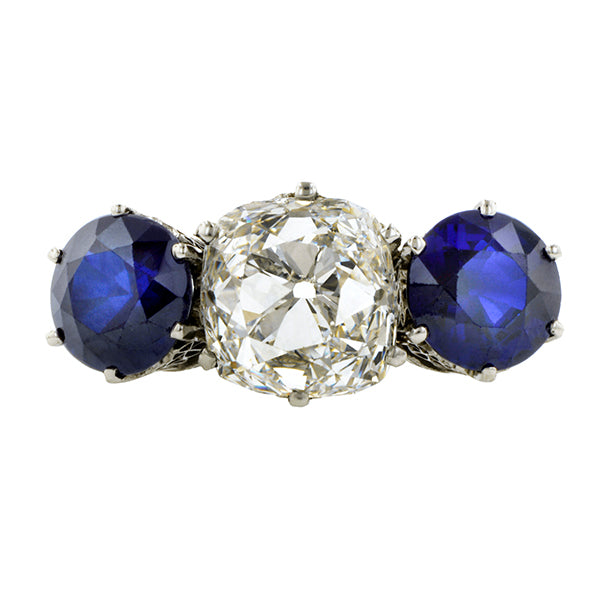 Edwardian Diamond & Sapphire Three Stone Engagement Ring, Old Mine 4.20ct:: Doyle & Doyle
