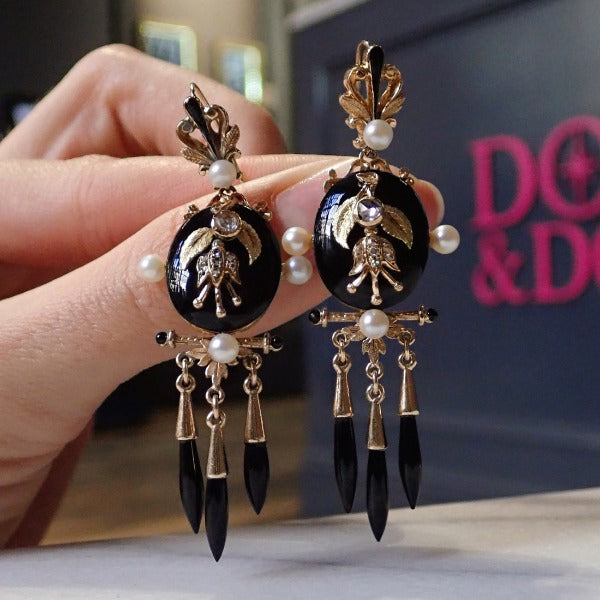 Victorian Onyx, Pearl, Diamond & Enamel Drop Earrings sold by Doyle and Doyle an antique and vintage jewelry boutique