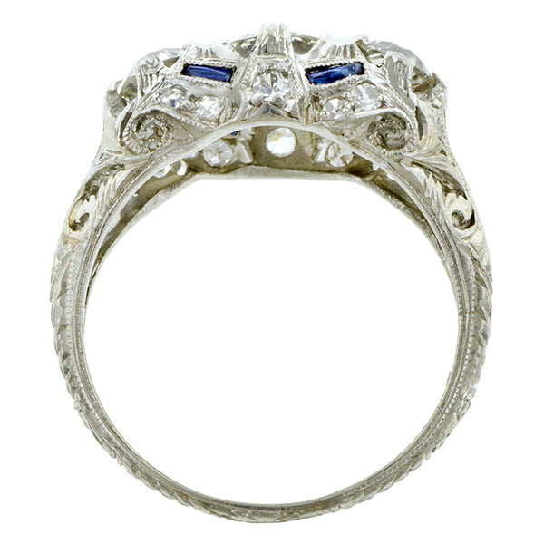 Art Deco Three Stone Diamond & Sapphire Ring, TRB 0.69ct:: Doyle & Doyle