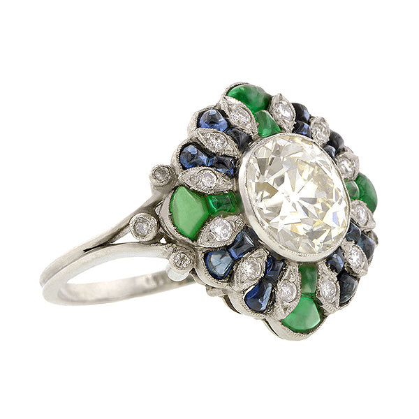 Diamond, Sapphire & Emerald Ring, Old Mine 2.33ct::Doyle & Doyle