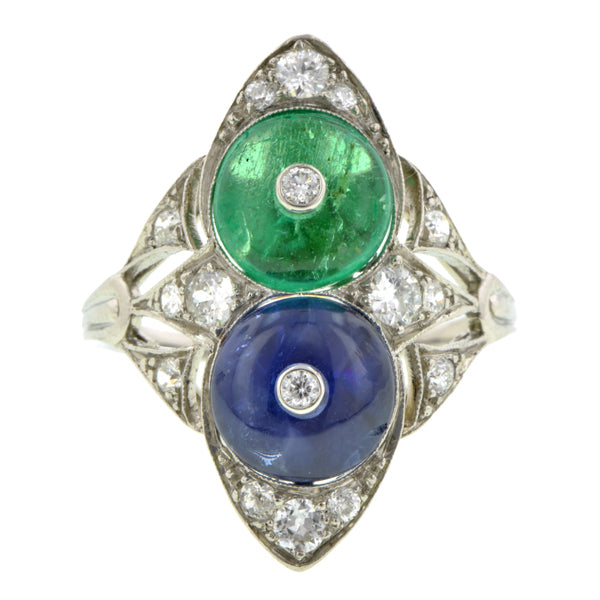 Vintage Sapphire, Emerald & Diamond Ring::