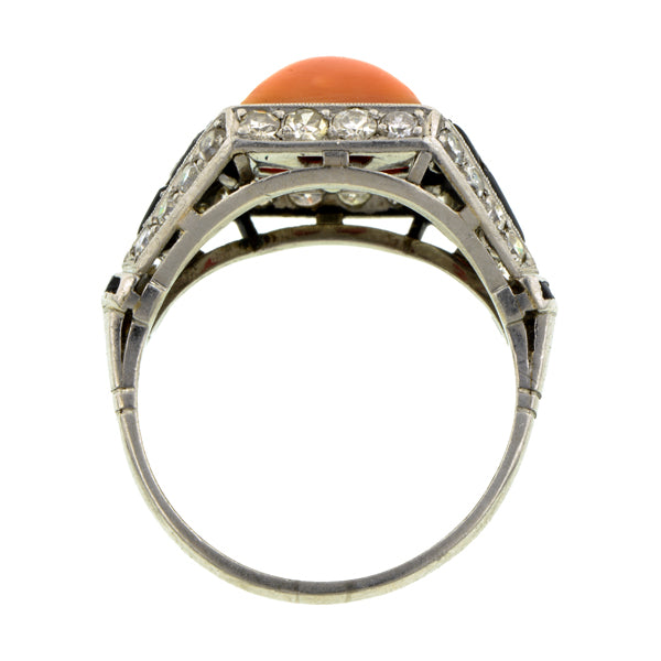 Art Deco Coral, Onyx & Diamond Ring::Doyle & Doyle