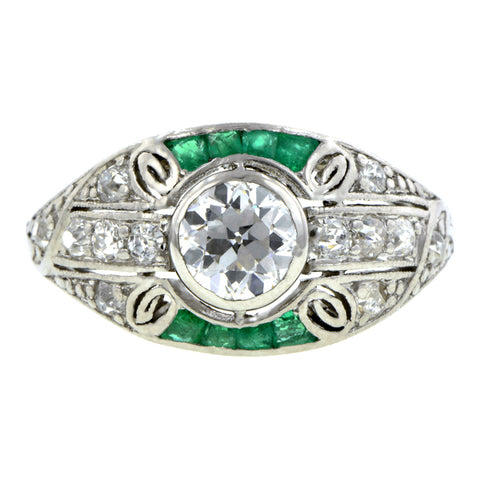 Art Deco Diamond & Emerald* Ring, Old European 0.52ct., sold by Doyle & Doyle an antique and vintage jewelry store.