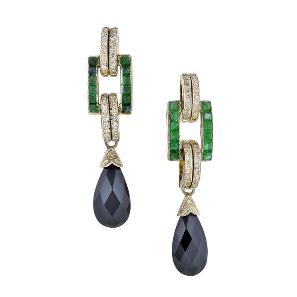 Diamond, Emerald & Onyx Drop Earrings