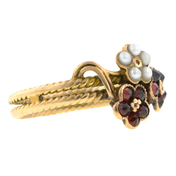 Vintage Garnet & Pearl Flower Ring::Doyle & Doyle