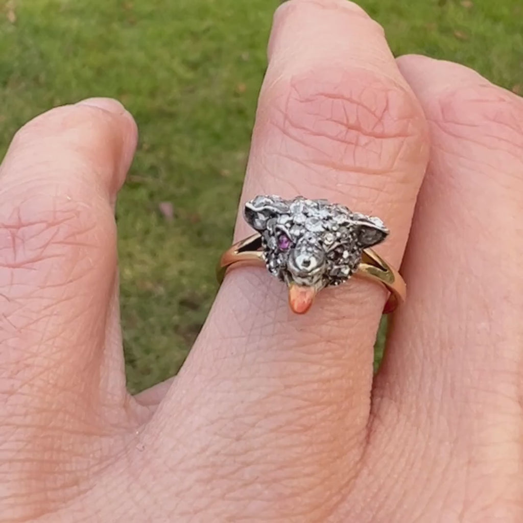 Antique Diamond & Enamel Fox Ring sold by Doyle and Doyle an antique and vintage jewelry boutique