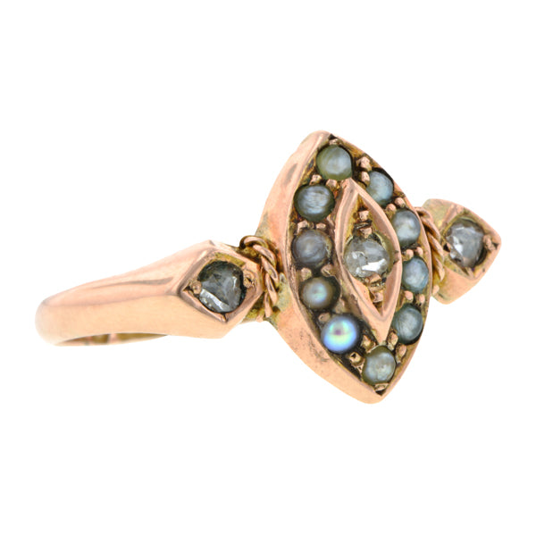 Victorian Rose Cut Diamond & Pearl Ring::