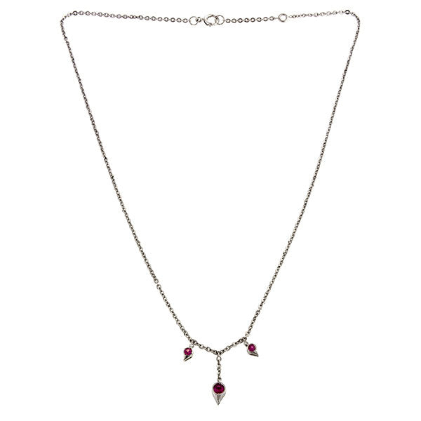 Contemporary necklace: a Platinum And Three Drop Pink Sapphire Necklace sold by Doyle & Doyle vintage and antique jewelry boutique.