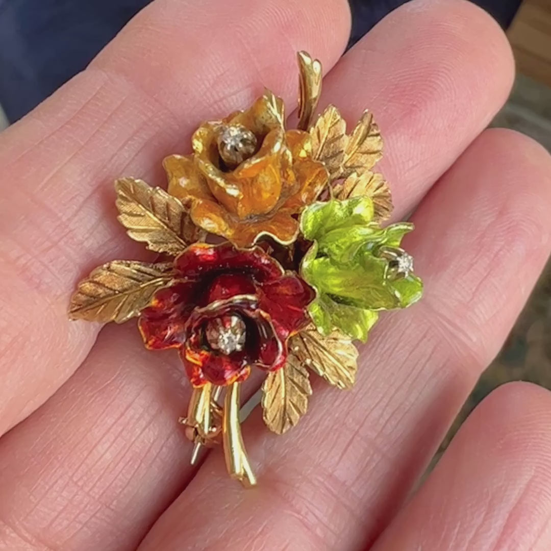 Vintage Enamel & Diamond Flower Brooch sold by Doyle and Doyle an antique and vintage jewelry boutique