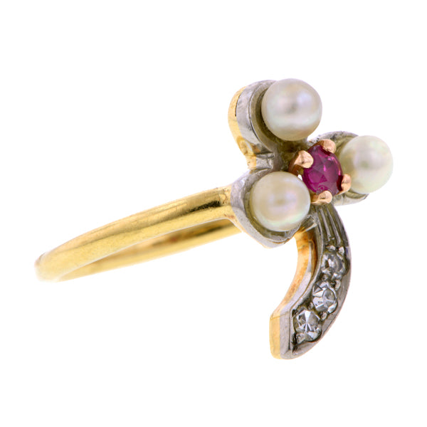 Vintage Pearl Ruby Diamond Clover Ring:: Doyle & Doyle